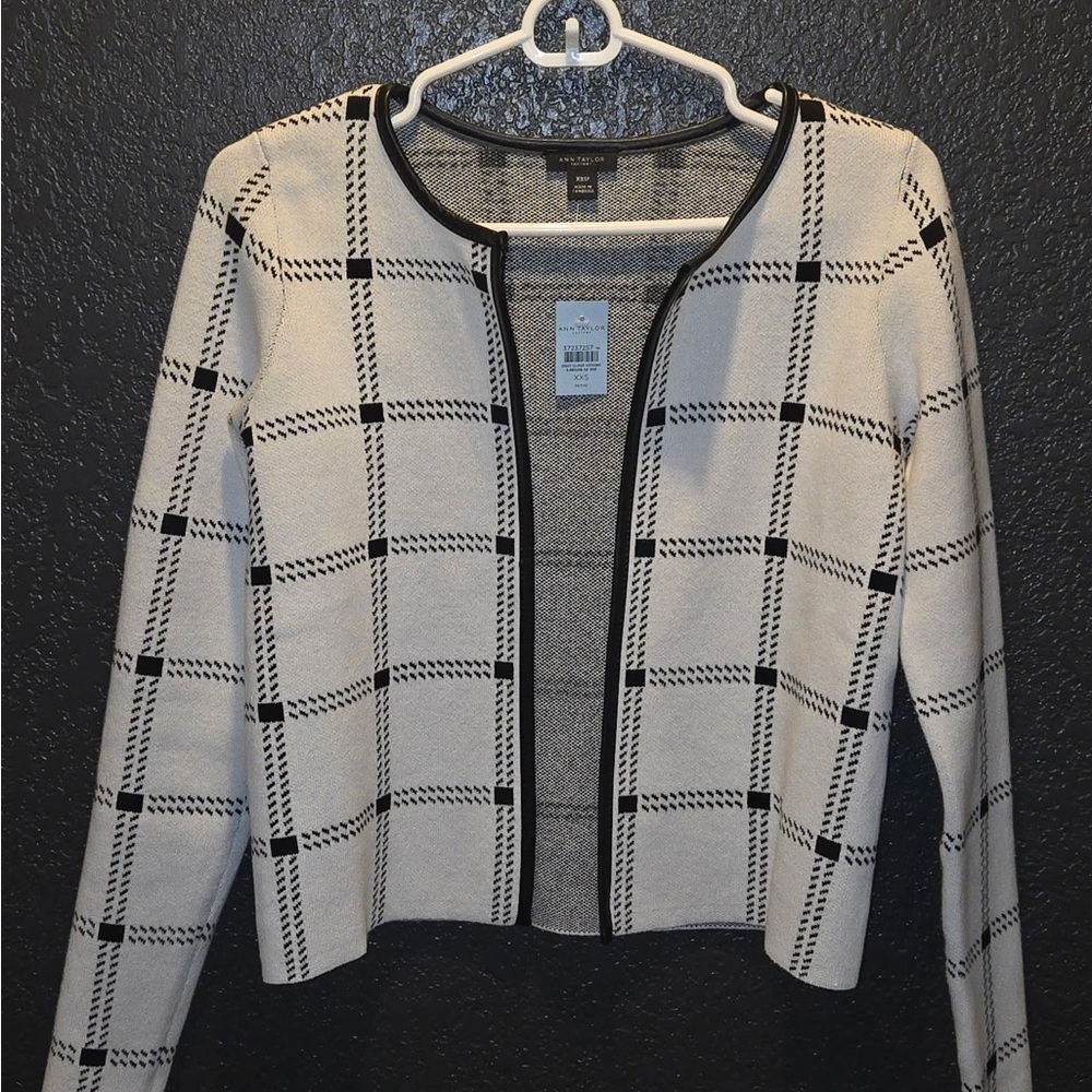 Ann Taylor White and Black Checkered Cardigan